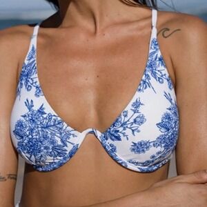 Berlook Backless Underwire Blue Floral Bikini White Top‎ Medium New With Tags